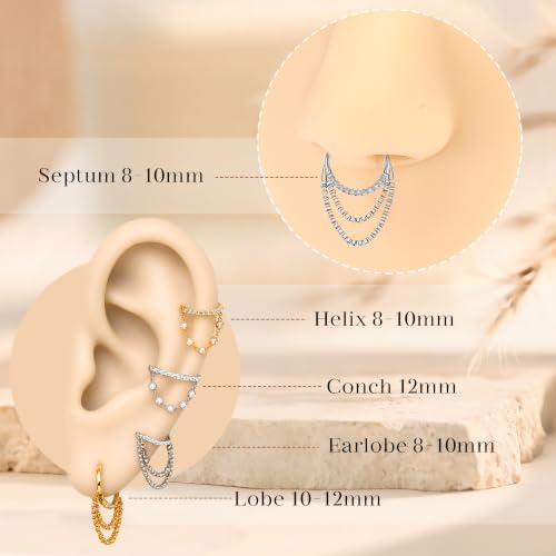 AROWRO Chain Septum Rings 316L Surgical Steel Septum Clicker Daith Piercing Jewelry Dangle Nose Rings for Women 16G 8/10mm Conch Cartilage Hoop Seamless Hinged Septum Jewelry with Clear CZ/Opal - color: Style-3-Silver chain&Clear CZ, size: 16G-8mm