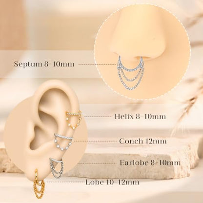 AROWRO Chain Septum Rings 316L Surgical Steel Septum Clicker Daith Piercing Jewelry Dangle Nose Rings for Women 16G 8/10mm Conch Cartilage Hoop Seamless Hinged Septum Jewelry with Clear CZ/Opal - color: Style-3-Silver chain&Clear CZ, size: 16G-8mm
