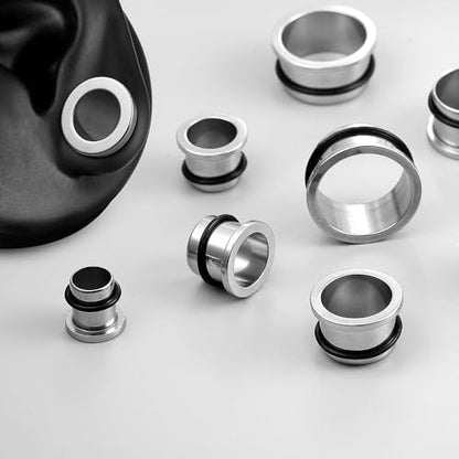 Casvort 22 PCS/16 PCS Hypoallergenic 18G-1'' Comfy Dead Stretching Plugs in 0.5mm Increments Saddle Plugs with Rubber Rings 316 Surgical Stainless Steel Crazy Ear Gauges Body Piercing Jewelry - color: Silver Tunnel 10.5-14mm 16PCS