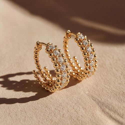 MEVECCO Chunky Huggie Hoop Earrings for Women Starburst Beaded Styles | 18K Gold Plated Brass, Triple Or Single Cubic Zirconia Star Details, Graduated Rounded Profile, Front Stone Row - style: Slit Bead