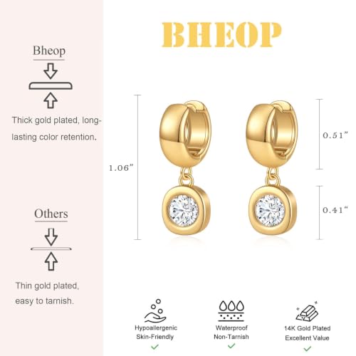Gold Chunky Dangle Earrings for Women, Bezel Set Cubic Zirconia Charm | 14K Gold Silver Plated, Statement Huggie Hoops Drop Earrings, Trendy Jewelry Gifts, High Grade CZ, Hypoallergenic Lightweight - color: GD-Round CZ Hoop
