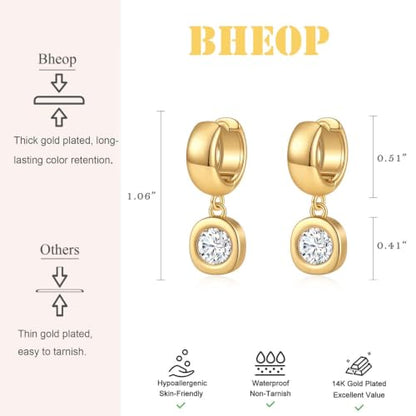 Gold Chunky Dangle Earrings for Women, Bezel Set Cubic Zirconia Charm | 14K Gold Silver Plated, Statement Huggie Hoops Drop Earrings, Trendy Jewelry Gifts, High Grade CZ, Hypoallergenic Lightweight - color: GD-Round CZ Hoop