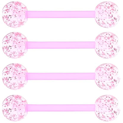 Sequin Barbell Piercing Set for Men Women 14 G Acrylic Tongue Ring Jewellery Long Cute Nipple Piercings Bars Kit Hypoallergenic Flexible Stud 4 pcs Body Jewelry Size 16 MM - color: Pink