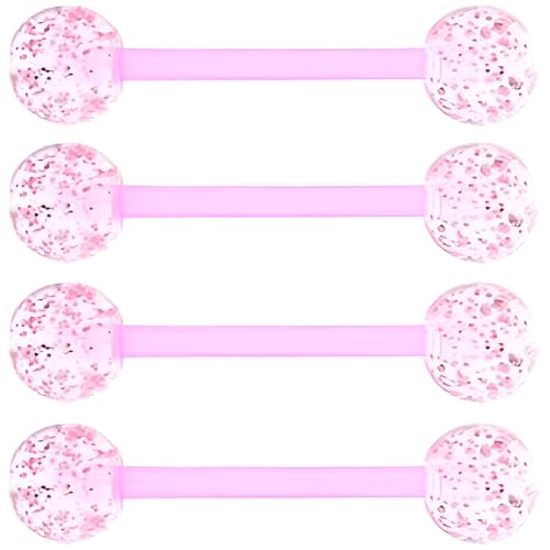 Sequin Barbell Piercing Set for Men Women 14 G Acrylic Tongue Ring Jewellery Long Cute Nipple Piercings Bars Kit Hypoallergenic Flexible Stud 4 pcs Body Jewelry Size 16 MM - color: Pink