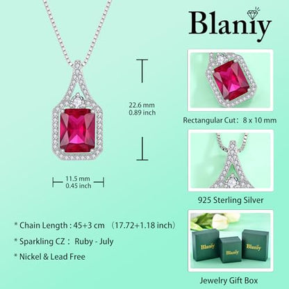 Created Gemstone Necklace 925 Sterling Silver Halo Rectangular Pendant Birthstone Necklaces Jewelry Gifts for Women - color: 07 July - Ruby