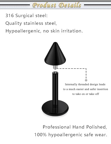 Internally Threaded Labret Studs 18G 16G 14G Surgical Steel Lip Piercing Jewelry with Claw Tool Monroe Snake Bite Jewelry Flat Back Barbell for Women Men Plus Piercing Ball Grabber Tool - color: black, size: 18g,ball+spike end