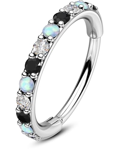 OUFER Opal and CZ 20G Nose Rings Hoops, 316L Surgical Steel Hinged Segment Nose Piercing Jewelry, Septum Lip Eyebrow Rings Cartilage Conch Rook Helix Tragus Daith Earrings For Women and Men-6/7/8MM - color: Black CZ