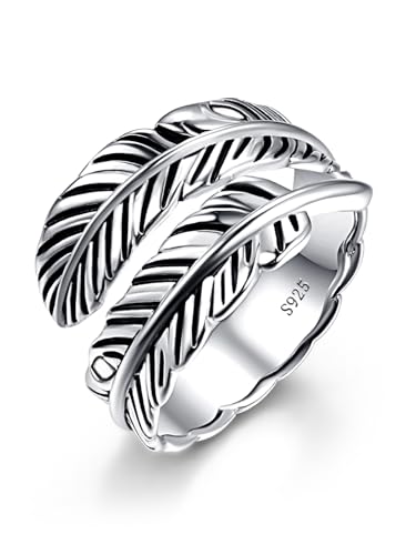 AVECON S925 Sterling Silver Turquoise/Labradorite/Just Breathe/Onyx Rings | Hypoallergenic Adjustable Open Feather Gift Women Men Thumb Spoon Statement Western Band Jewelry for Anniversary - color: silver