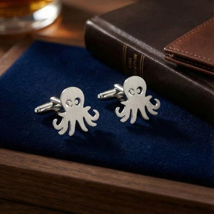Men’s Octopus Cufflinks – Stainless Steel Ocean-Themed Cuff Links with Gift Box & Polishing Cloth – Available in Silver & Gold - color: steel