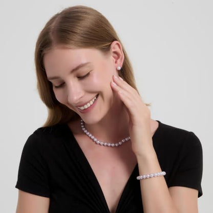 8mm Faux Pearl Necklace Set, Bracelet Earrings for Women & Girls | Glass Material, Handmade Jewelry Detail, Party & Formal Event Style - style: Purple 18 inches