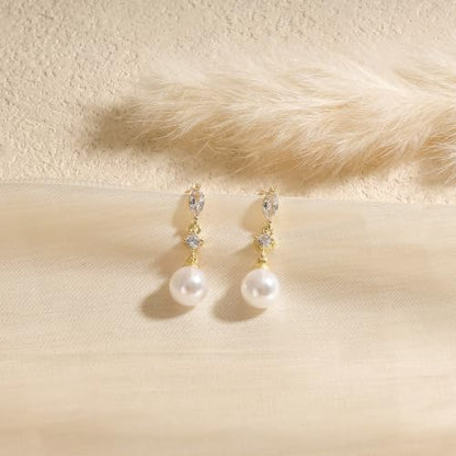 Pearl Earrings for Women:Gold Wedding Dangle Drop Earring Pearl Jewelry | 14K Gold Plated Pearl Drop Earrings for Women,Dainty Wedding Bride Earring Studs,Gold Dangle Drop Earring,Waterproof Jewelry - size: 1 pcs-17