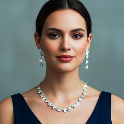 Bride Silver Necklace Earrings Set Crystal Bridal Wedding Jewelry Set Rhinestone Choker Necklace for Women and Brides - color: Red