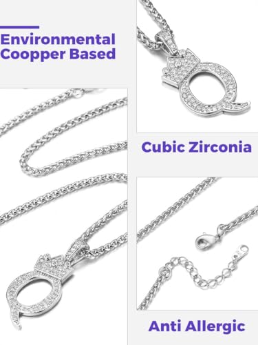 Richsteel Silver Crown Initial A-Z Letter Pendant Necklace for Men Women | Cubic Zirconia Monogram, 316L Steel Chain, 22" + 2" Extender,Hypoallergenic,Gift Box, Hip Hop Jewelry - style: Q