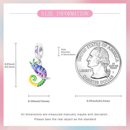 S925 Sterling Silver Cute Bead Charm for Pandora Bracelets and Necklaces | Lucky Clover Cute Animal Pink Bow Cherry Butterfly Pendant Bead Charms Jewelry Making Gifts for Women Valentines Mother's Day - style: Forest Chameleon Dangle Charm