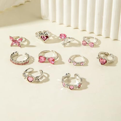 10pcs Sparkly Crystal Love Heart Ring Set for Women Adjustable Bowknot Butterfly Finger Ring Stackable Pink Rhinestone Heart Open Ring Jewelry Gifts - color: Silver