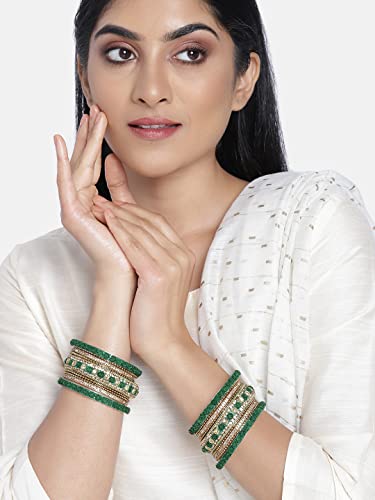Aheli Ethnic Metal Bangles Chudha Set Stone Studded Bangle Set Indian Wedding Wear Fashion Jewelry Gift for Women Blue - color: Green