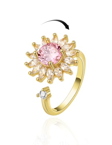 Anxiety Rings for Women – Adjustable Flower Spinner Ring, Daisy & Sunflower Fidget Ring, Gold Plated Calming Jewelry - style: Style 06