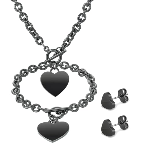 3 Pcs Heart Bow Snow Jewelry Set | Heart Necklace with Bracelet Earring, Snow Jewelry Set for Women, Bow Charms Toggle Gifts - color: Black, style: Stainless Steel Heart