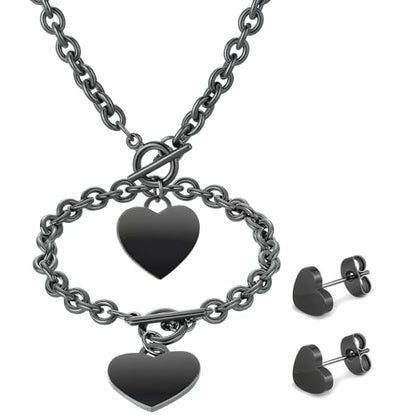 3 Pcs Heart Bow Snow Jewelry Set | Heart Necklace with Bracelet Earring, Snow Jewelry Set for Women, Bow Charms Toggle Gifts - color: Black, style: Stainless Steel Heart