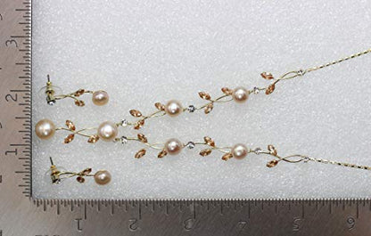 Faship Genuine Freshwater Pearls Floral Necklace Earrings Set | Premium CZ Crystal, Gorgeous, Sparkling - color: Topaz color brown