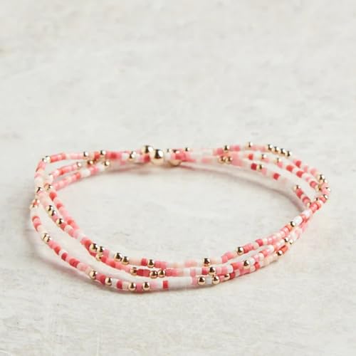 Dainty Gold Plated Tiny Ball Colorful Beaded Stack Bracelets Sets for Women,3Pcs Stackable Cute Bracelet Stretch Trendy Ball Jewelry Friendship Gift - color: peach-pink