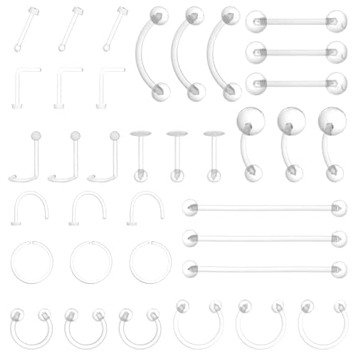 36Pcs Clear Piercing Retainers Plastic Piercings for Surgery Nose Rings Studs Tongue Belly Ring Septum Eyebrow Nipple Lip Labret Tragus Cartilage Earring Industrial Bar for Work