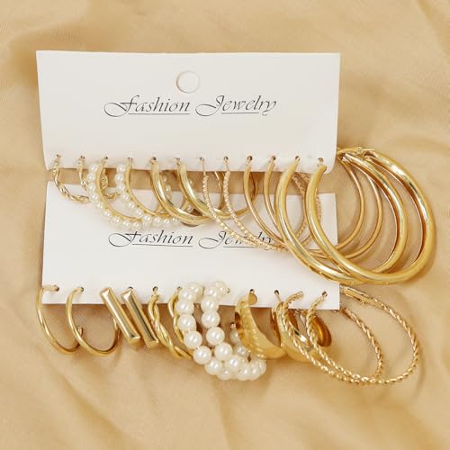 14K Gold Plated Geometric Hoop Earrings for Women Chunky Hypoallergenic Thick Lightweight Jewelry - color: Gold-12 Pairs
