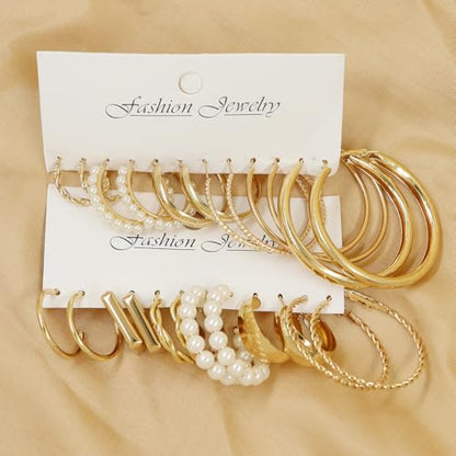14K Gold Plated Geometric Hoop Earrings for Women Chunky Hypoallergenic Thick Lightweight Jewelry - color: Gold-12 Pairs
