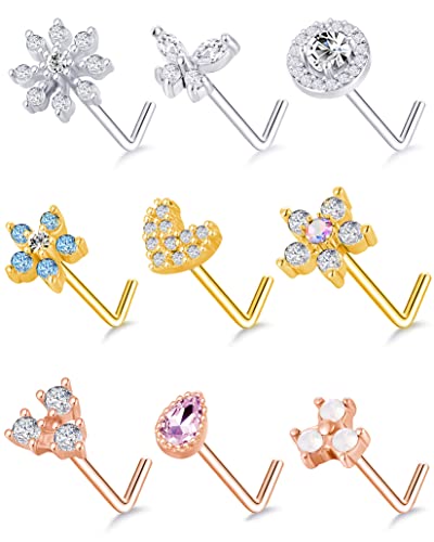 9Pcs Nose Rings Stud L Bone Screw Shaped Nose Ring Flower CZ Snowflake Butterfly Screw Nose Stud Body Piercing Jewelry for Women Men 20G Silver Gold Rose Gold Tone - color: H:Mixed Colors