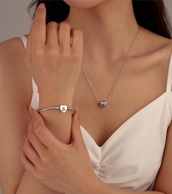 MYNENEY Necklace and Bracelet for Women Stainless Steel Initial Jewelry Set - color: Silver-S