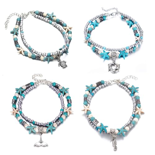 Softones Blue Starfish Turtle Anklet Multilayer Charm Beads Sea Handmade Boho Anklet Foot Jewelry for Women - style: H:4pcs Animal Anklets