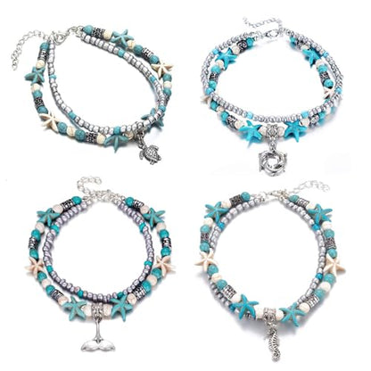 Softones Blue Starfish Turtle Anklet Multilayer Charm Beads Sea Handmade Boho Anklet Foot Jewelry for Women - style: H:4pcs Animal Anklets