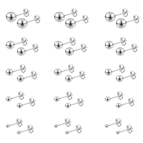15 Pairs Ball Stud Earrings, Multi-Size Surgical Studs Earring, Simple Polished Ball Studs, Silver Stud Earring Set, Stainless Steel Jewelry for Women & Men(2mm 3mm 4mm 5mm 6mm)