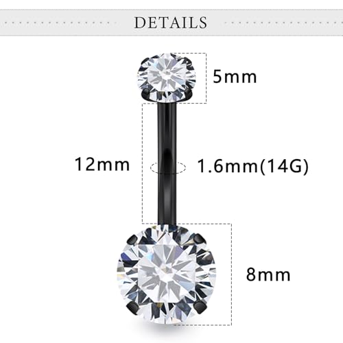 Belly Button Rings Surgical Steel Internally Threaded Belly Button Ring 10MM/12MM/14MM/16MM Navel Rings for Women Clear CZ 14G Long Bar Navel Piercing Jewelry - color: black, size: 12mm bar length