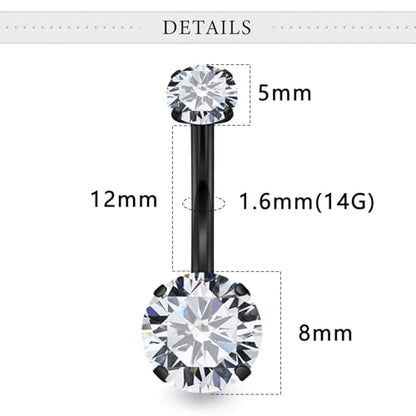 Belly Button Rings Surgical Steel Internally Threaded Belly Button Ring 10MM/12MM/14MM/16MM Navel Rings for Women Clear CZ 14G Long Bar Navel Piercing Jewelry - color: black, size: 12mm bar length