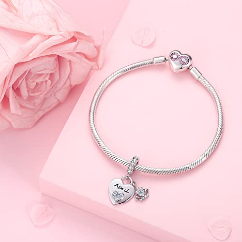 Birthstone Charms for Charms Bracelet: 925 Sterling Silver Heart Dangle Charms for Bracelets and Necklaces, Birthday Mother's Day Christmas Gifts For Women. - color: April