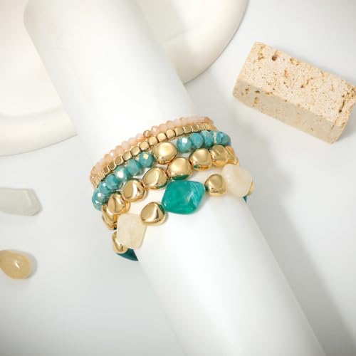 GOOJIDS Multilayer Colorful Gold Beaded Stackable Bracelets For Women Set Bohemia Heart Charm Strand Bracelets Friendship Elastic Wristbands Summer Beach Boho Vacation Jewelry - color: D-Blue Beads Set