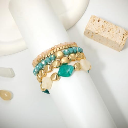 GOOJIDS Multilayer Colorful Gold Beaded Stackable Bracelets For Women Set Bohemia Heart Charm Strand Bracelets Friendship Elastic Wristbands Summer Beach Boho Vacation Jewelry - color: D-Blue Beads Set
