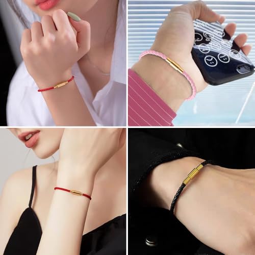 SEEDRILL Red Bracelets for Women Adjustable Charm Bracelet Braided Leather & 316L Stainless Steel with 18k Gold Plated Lucky Bracelets for Women, Red Pink Black String Bracelet Gifts for Women - color: Black