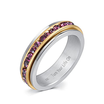 Muses Art Design Fidget Rings, Anxiety Rings, Spinner Rings, Band Rings with Birthstone, Stainless Steel, Women and Men, Meditation Rings, Thumb Rings, Stress Relieving and Anxiety Reducing - color: February - Amethyst