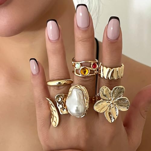 Gold Silver Chunky Ring Set for Women,Open Stacking Knuckle Statement Ring,Boho Flower Baroque Pearl Rings Set,Minimalist Aesthetic Rings Jewelry Gifts