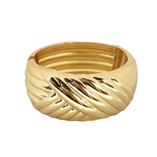 Dainty Twist Stripe Wide Chunky Bangle Bracelets for Women Minimalist Classic 14K Yellow Gold Plated Oval Cuff Wrist Open Bangles Statement Unique Design Fashion Trendy Jewelry Gift