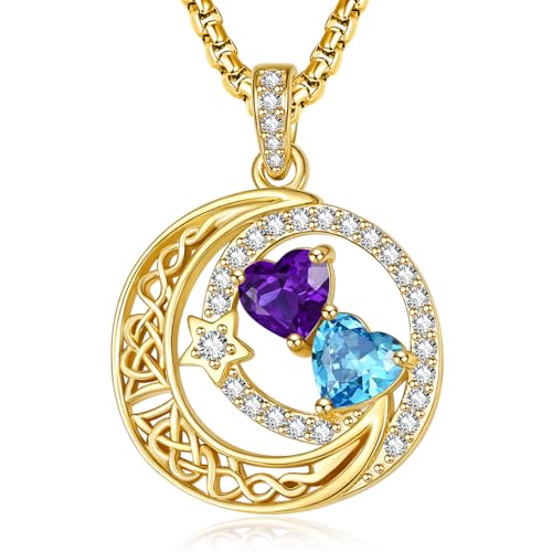 14K Gold Moon and Star Double Birthstone Necklace Gifts for Women | 2 Heart Birthstone Necklace,Mothers Day Wedding Anniversary Birthday Gifts for Wife Mom Daughter Grandma Sister - color: 02-12-Feb-Dec Birthstone