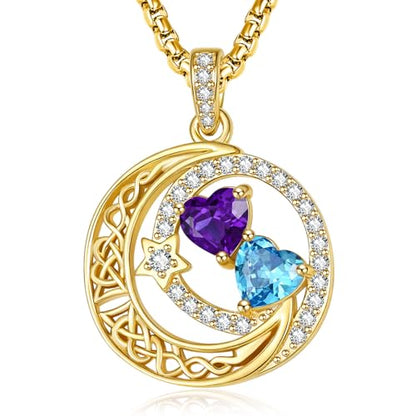14K Gold Moon and Star Double Birthstone Necklace Gifts for Women | 2 Heart Birthstone Necklace,Mothers Day Wedding Anniversary Birthday Gifts for Wife Mom Daughter Grandma Sister - color: 02-12-Feb-Dec Birthstone