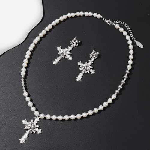 Bocar Gothic Cross Layered Pearl Necklace Chunky Statement Stacked Necklace Y2K Silver Layered Necklace for Women (NK-10769) - color: 799-White