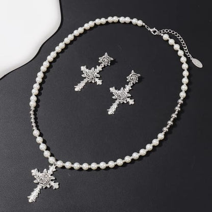 Bocar Gothic Cross Layered Pearl Necklace Chunky Statement Stacked Necklace Y2K Silver Layered Necklace for Women (NK-10769) - color: 799-White