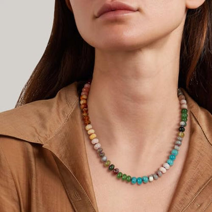 KissYan Beaded Gemstone Necklaces for Women | Colorful Bead Natural Stone Choker with 14K Gold Plated Spring Ring Clasp, Handmade Knot Jewelry for Summer Beach - color: A-Rainbow