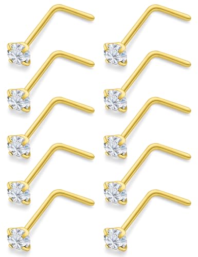 Nose Studs Surgical Steel Nose Rings Studs with Cubic Zirconia 10Pcs Tiny Nostril Rings for Women Screw Bone and L-Shaped Nostril Piercing Jewelry 24G 22G 20G 18G - color: goldtone,L shaped nose studs, size: 22g,2.0mm Clear CZ