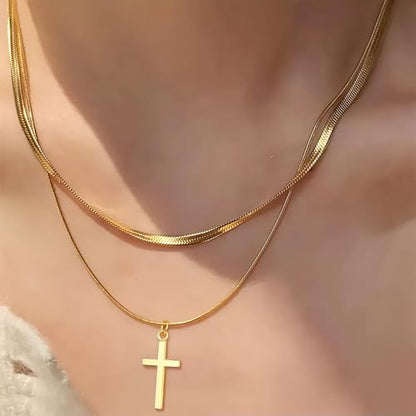 Double Layered Cross Necklace for Women Men, Herringbone Snake Chain and Box Chain Stack, Dainty Minimalist Pendant Jewelry for Daily Wear Celebration Events