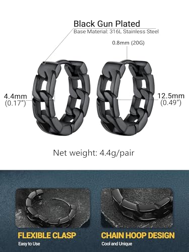 PROSTEEL Stainless Steel Huggie Hoop Earrings for Mens Gold/Black/Silver | Skull/Infinity Pattern, Spike/Cuban Links 4 Design Options Hypoallergenic Lightweight Earring Hip Hop Punk Gothic Jewelry - style: Cuban Links-Black
